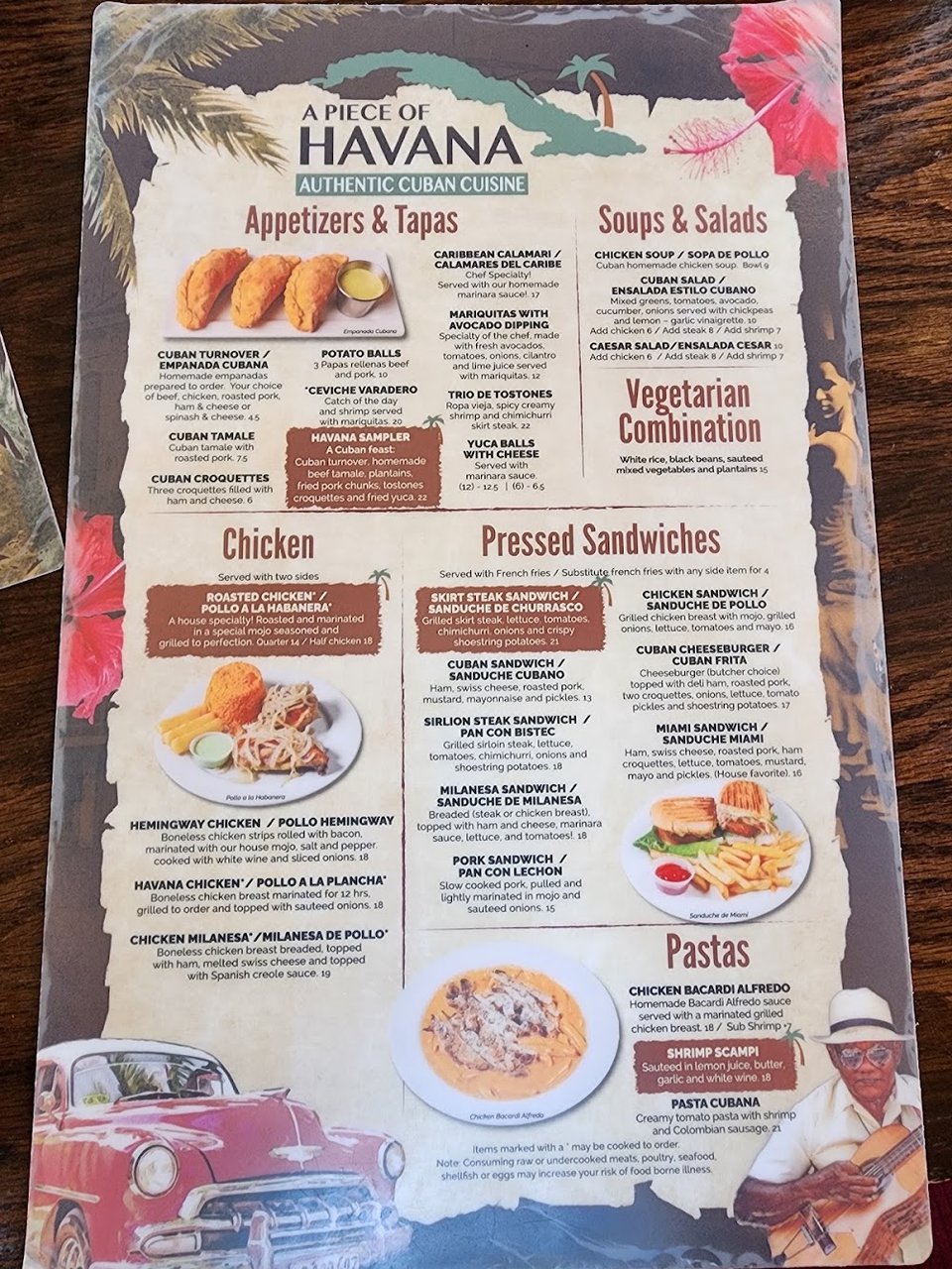 Printed menu for Cuban dishes and drinks.